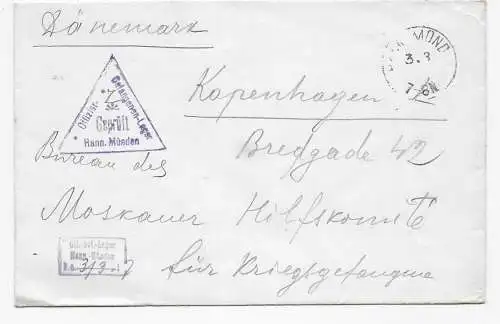 Kgf/PoW: 1917 Dänemark Kopenhagen an Moskauer Hilfskomité, Zensur Hann. Münden