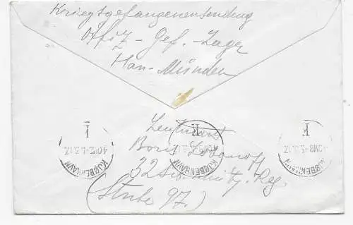 Kgf/PoW: 1917 Dänemark Kopenhagen an Moskauer Hilfskomité, Zensur Hann. Münden