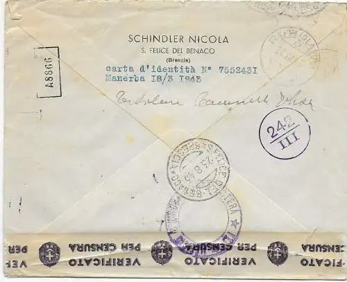 Brief aus Brescia nach Rüti-Glarus/CH, 1943, Zensur