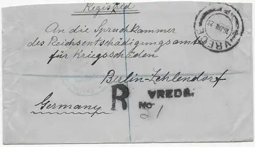 Brief aus Vrede 1923 nach Berlin, Entschädgungsamt Kriegsschäden, Einschreiben