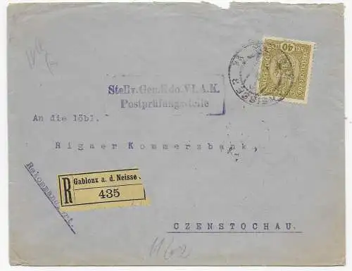 Einschreiben Gablonz a.d.Neisse nach Tschenstochau, Postprüfungsstelle 1917