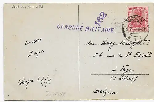 Ansichtskarte Gruss aus Köln nach Liège, Militärzensur, 1919