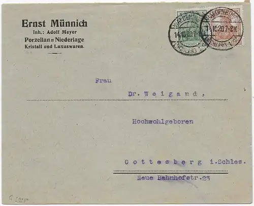 Brief Porzellan Waldenborg 1920 nach Gottesberg, MiNr. 103c, Infla + BPP geprüft