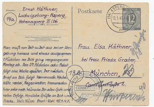 Internierten Post Gefängnis Hohenasperg, Ludwigsburg nach München, Zensur 1947