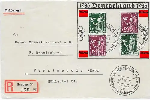 Privater Umschlag als Einschreiben Hamburg 1936, Weltkongress Freizeit, Erholung