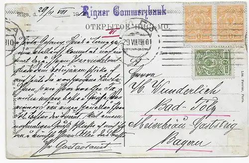 Ansichtskarte Riga, Commerzbank nach Bad Tölz, 1910