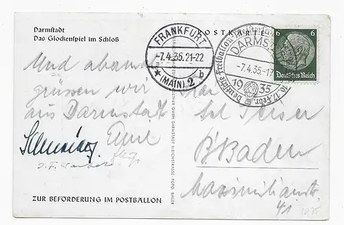 Ansichtskarte Darmstadt 1935, Amtliche Festpostkarte Freiballonmeisterschaft FFM