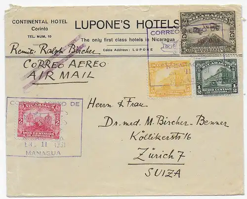 Air Mail Continental Hotel Corinto, Nicaragua nach Zürich, 1931