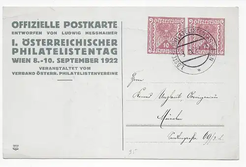 Offizielle Postkarte 1. Österreichischer Philatelistentag Wien, 1922 nach Trier