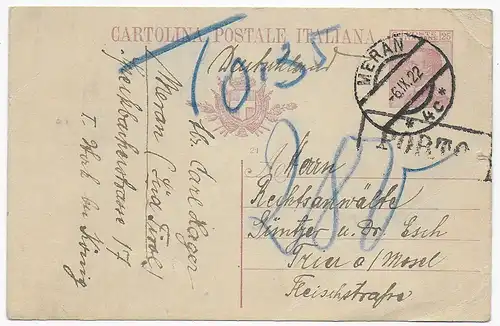 cartolina postale Meran, 1922 to Trier, Taxe zur Inflationszeit