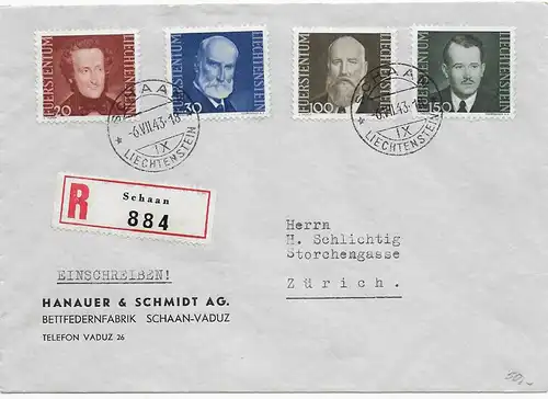 Einschreiben Schaan, 1943, MiNr. 214-217 nach Zürich