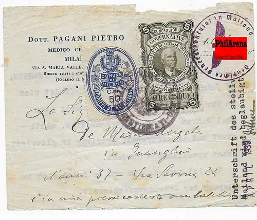 Italienisches Dokument, Übersetzung Konsulatstempel Mailand 1939, Gebührenmarken