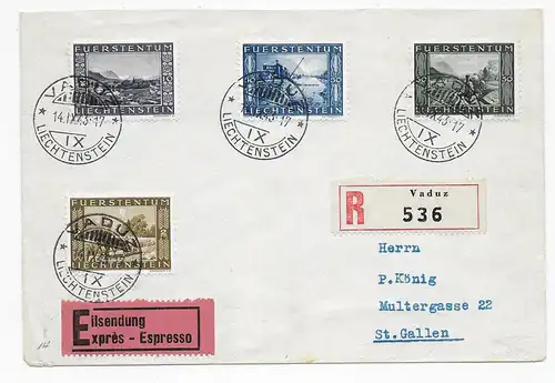 Einschreiben Vaduz, Eilsendung, 1943, MiNr. 218-221 nach St. Gallen
