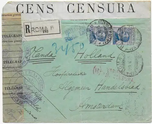 Roma Einschreiben 1915 nach Amsterdam, italienische und französische Zensur