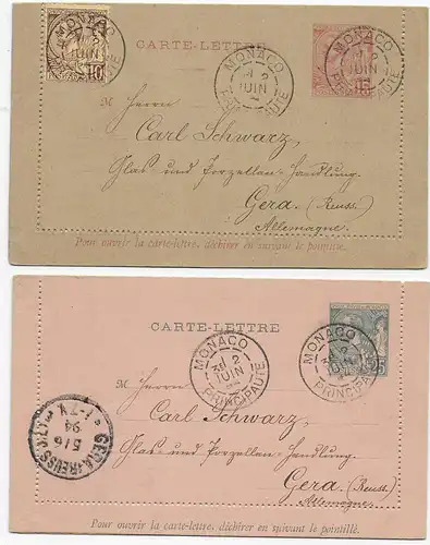 2x Kartenbriefe Monaco nach Gera, 1894