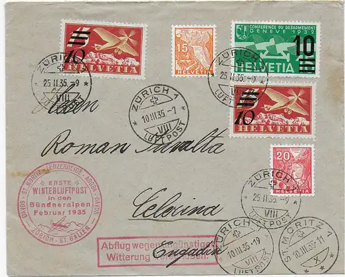 Erste Winterluftpost in den Bündneralpen 1935, Zürich, Abflug verschoben -Wetter