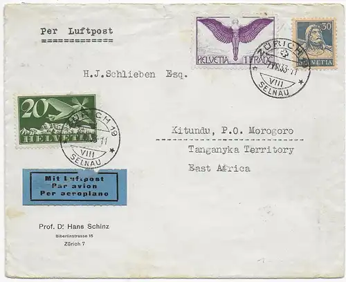 Luftpost 1933 von Zürich/Selnau nach Kitundu