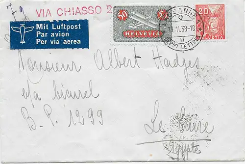 Luftpost via Chiasso, Lausanne nach Kairo/Ägypten, 1938
