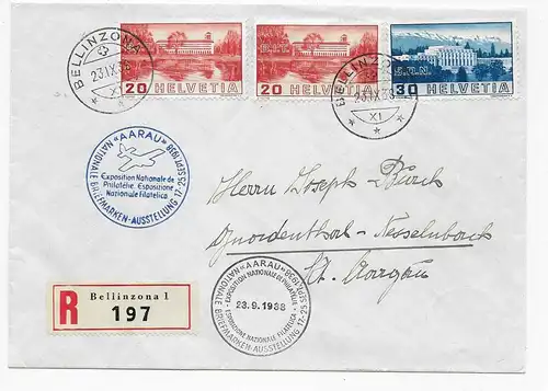Einschreiben Bellinzonal, Aarau Briefmarkenausstellung 1938