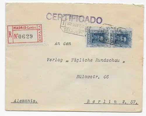Einschreiben Madrid nach Berlin, 1928, Certificado