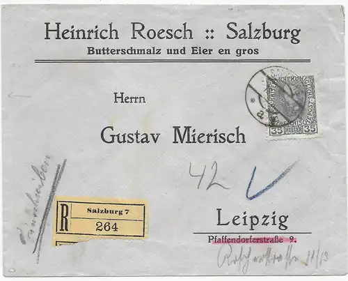 Einschreiben Salzburg nach Leipzig, 1915: Bei der 4. Austragung zurückzulassen