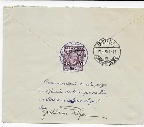 Registered Guatemala 1929 to Berlin -Rückseite