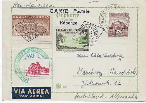 Antwort Postkarte Luftpost Bahia nach Hamburg. BraPex 1938