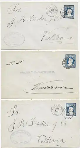 9x Ganzsachen Umschläge, versch. Orte nach Valdivia um 1900