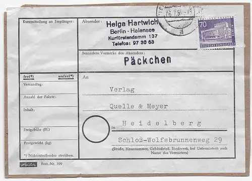 Päckchen Adressteil Berlin nach Heidelberg, MiNr. 152, EF