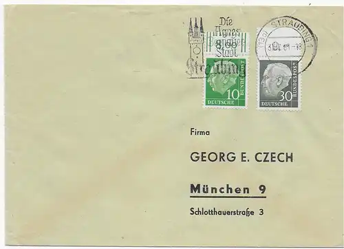 Brief mit MiNr. 259y und 183y OR, 1961 von Straubing nach München, BPP geprüft