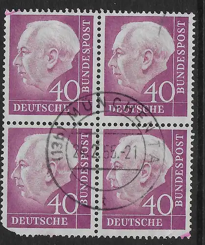 Bund: MiNr. 188, Viererblock, gestempelt, Zähnung unten links weg