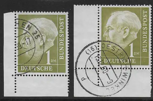 Bund: MiNr. 194, 2x Ecke E3, 2x verschiedene Zähnungen, gestempelt