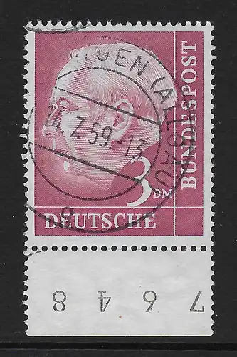 Bund: MiNr. 196, Unterrand mit Bogennummer, gestempelt 1959