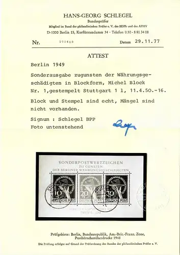 Berlin Block 1, cacheté Stuttgart 1950, BPP Attest