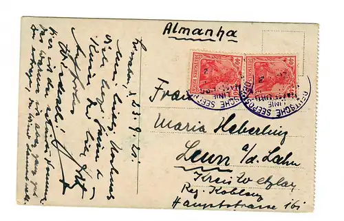 Deutsche Seepost Linie: Hamburg - 1921, Ansichtskarte Lissabon nach Laun