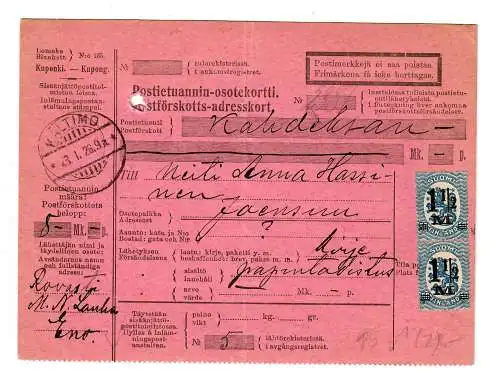 Finnland: Paketkarte Kaltimo 1926 nach Uoensuu