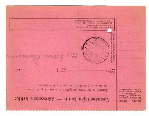 Finnland: Paketkarte Kaltimo 1926 nach Uoensuu