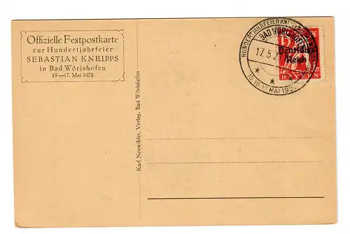 Carte officielle du centenaire Sebastian Kneipp, Bad Wörishofen, 1921
