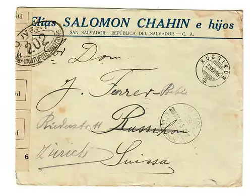 El Salvador: 1915 nach Russikon, Weiterleitung Zürich, Zensur