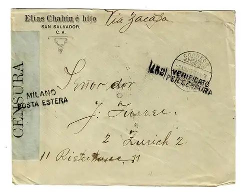 El Salvador: à Zurich, ouverture de la censure militaire en 1916, Milano Posta Estera