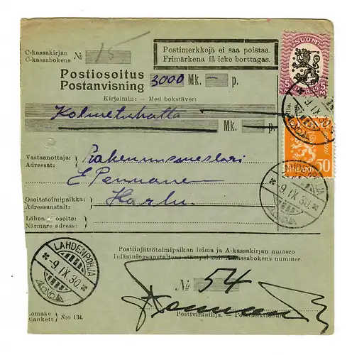 Postanweisung Finnland Lahdenpohja 1930 nach Harlu