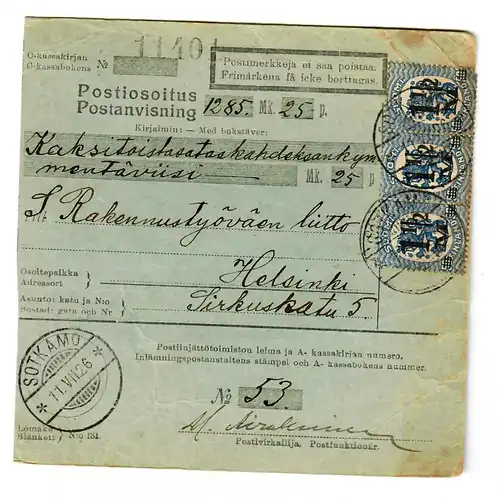 Postanweisung Finnland Sotkamo 1926 nach Helsinki