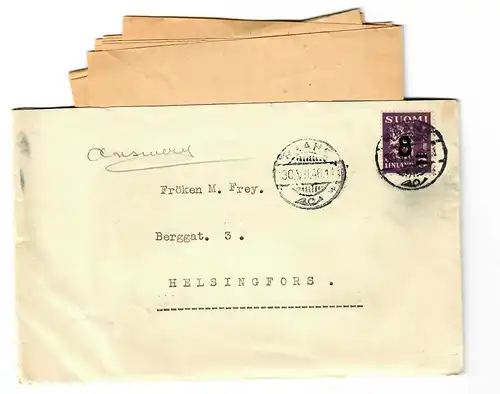 Lettre de Raahe 1946 avec le contenu de la lettre à Helsingfors