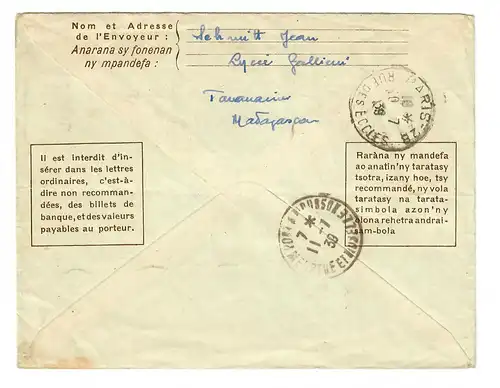 Madagascar Tananariva vers Paris en 1939