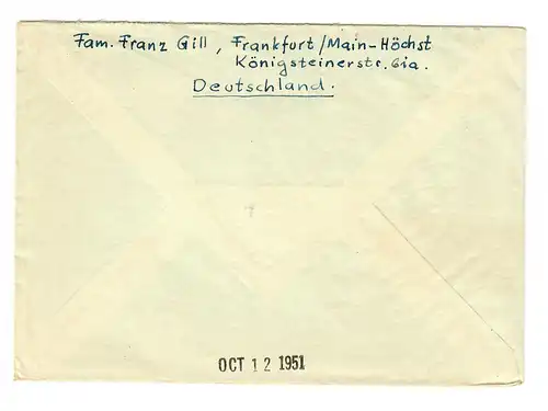 Luftpost Frankfurt Höchst nach USA, South Barre, MASS, 1951