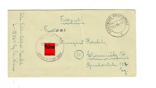 Feldpost Nr. L15360 nach Chemnitz, 1944, Stempel Deutsche Reichspost X, Wien