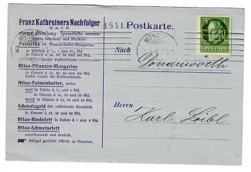 Carte postale Perfin - trou de l'entreprise FKN, Munich vers Donauwörth, 1915