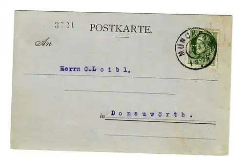 Carte postale Perfin - trou de l'entreprise FKN, Munich vers Donauwörth, 1915