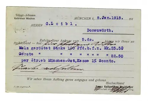 Postkarte Perfin - Firmenlochung FKN, München nach Donauwörth, 1915