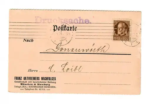 Postkarte 1915 Perfin - Firmenlochung FKN, München nach Donauwörth